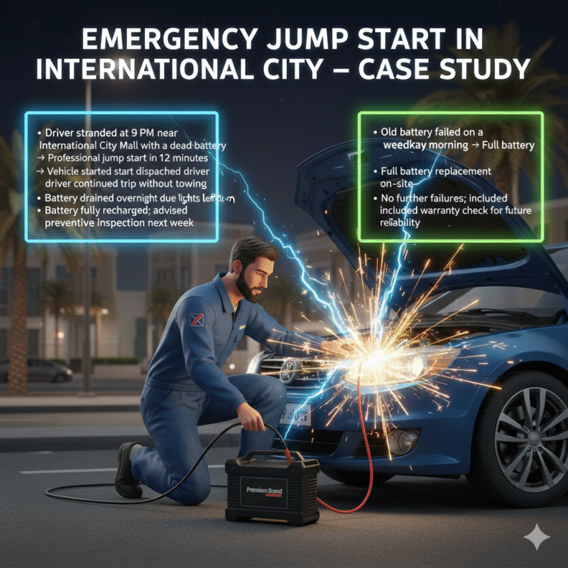 Animated-style illustration of a professional technician performing a car battery jump start in International City Dubai. Title "Emergency Jump Start in International City – Case Study" at the top. Key case study points displayed on sides in bullet format.