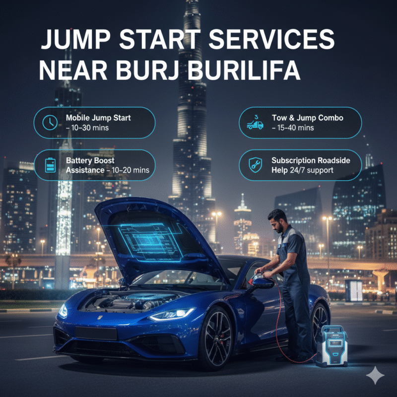 Mobile jump start service near Burj Khalifa showing roadside technician boosting a car battery in Downtown Dubai