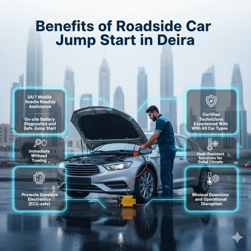 Visual infographic highlighting the benefits of roadside car jump start in Deira, with key points on sides and a central roadside technician performing battery service.