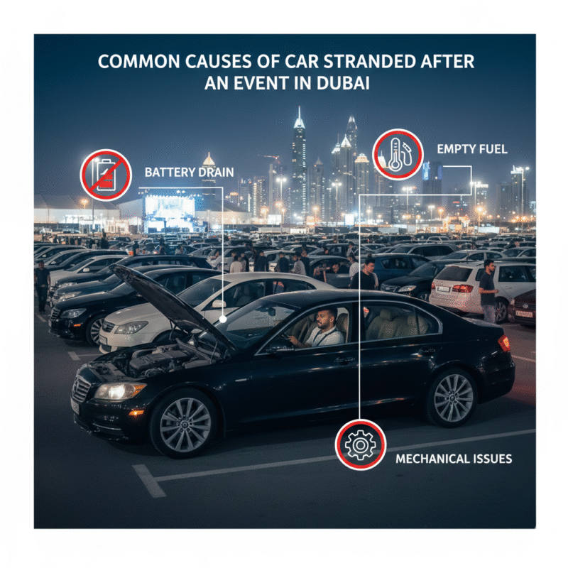 Illustration showing car stranded after an event in Dubai with labeled causes like battery drain, empty fuel, engine overheating, mechanical problems, and parking congestion
