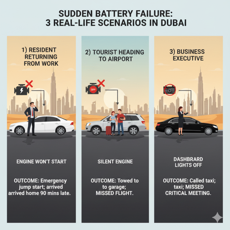 Infographic showing resident, tourist, and executive scenarios with sudden battery failed without warning Dubai, including outcomes and causes
