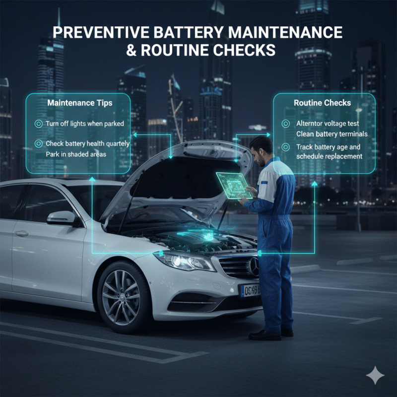 Infographic showing battery maintenance tips and routine checks to prevent dead batteries in Business Bay