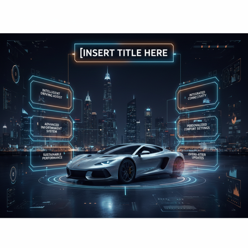 Feature image of a luxury vehicle with infographic-style floating points and bold title at the top, designed for a professional user guide