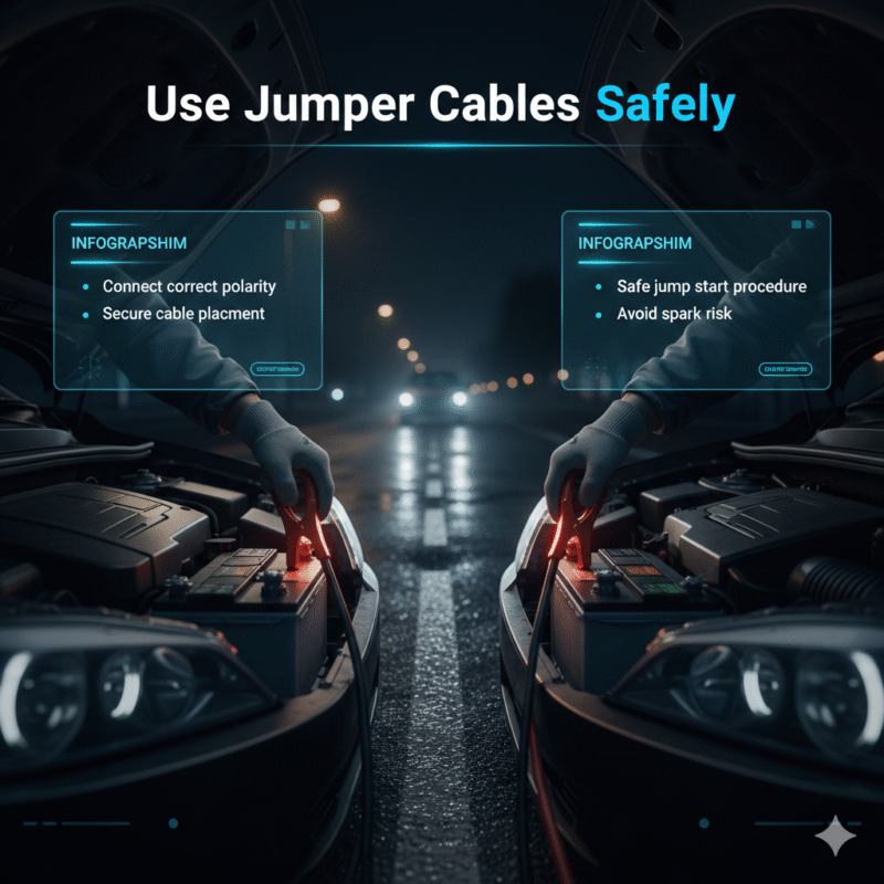 Visual guide showing safe jumper cable connection between two car batteries