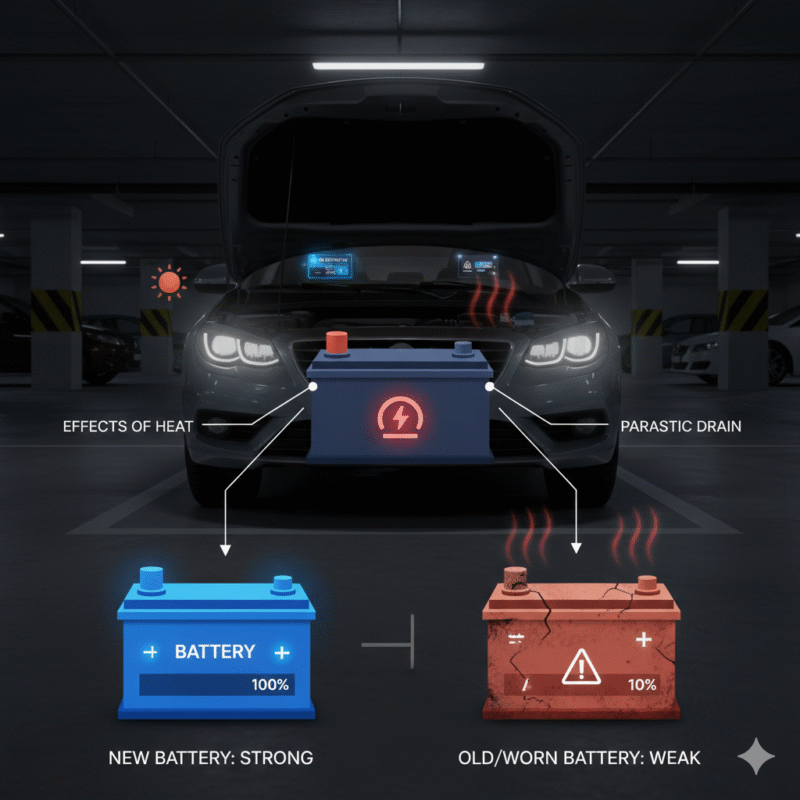 Illustration of a weak or dead car battery in an underground Dubai garage causing ignition failure.