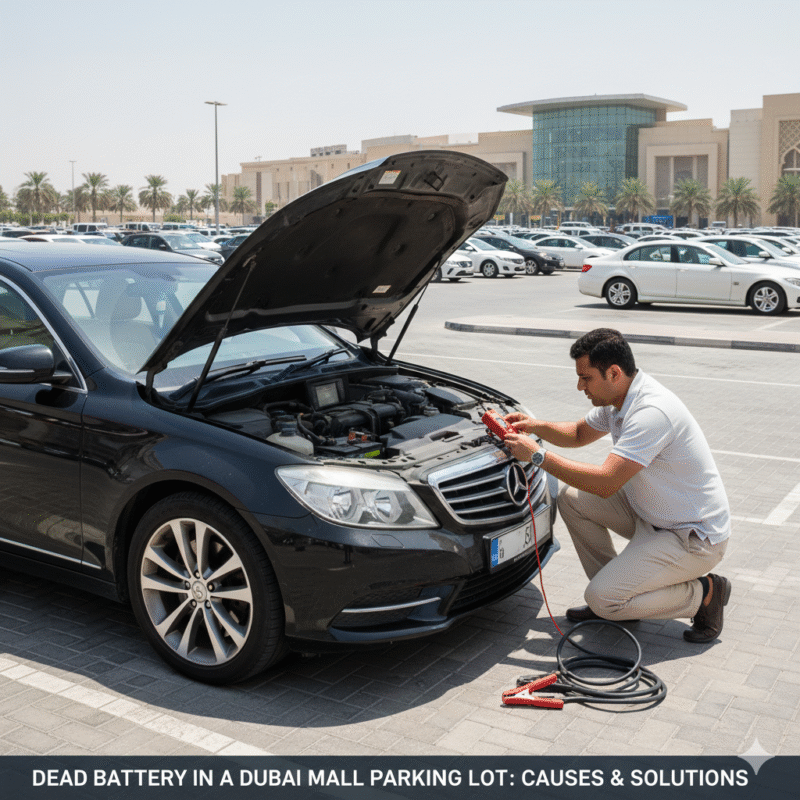Car battery dead in Dubai mall parking lot, driver checking battery, jumper cables ready, heat effects visible, electronics left on, corroded battery terminals, Dubai mall in background.