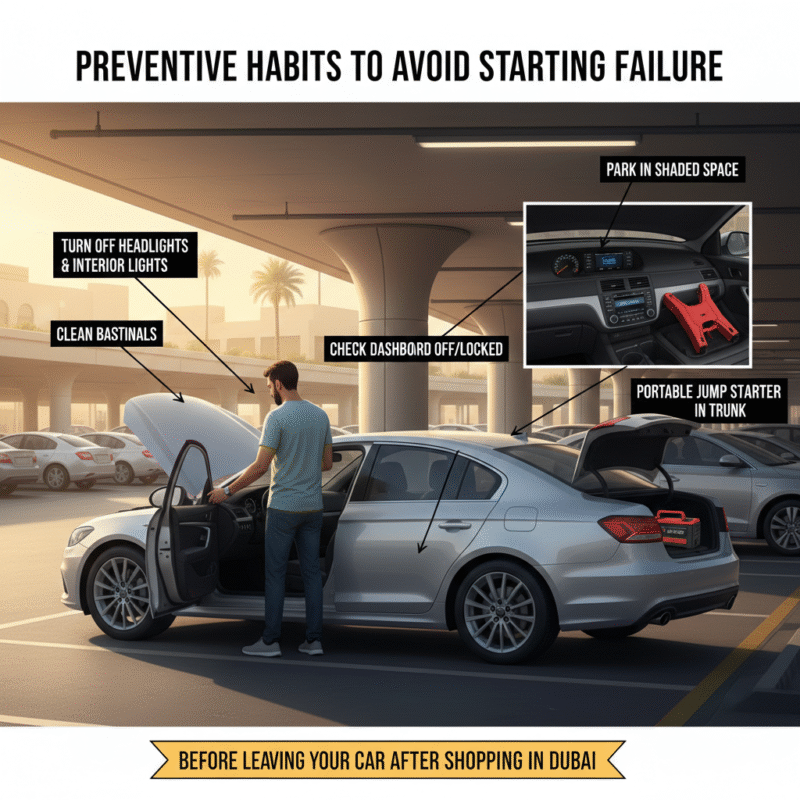 Driver turning off car lights in Dubai mall parking, portable jump starter in trunk, shaded parking space, battery prevention scene.