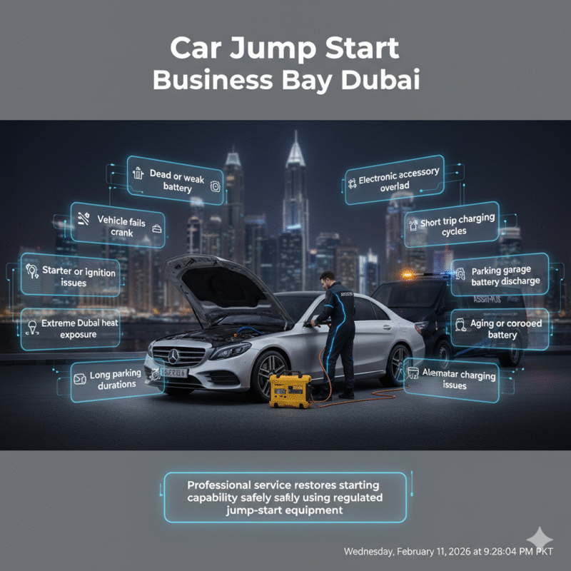 Infographic showing professional car jump start service in Business Bay Dubai with central technician scene and animated side points