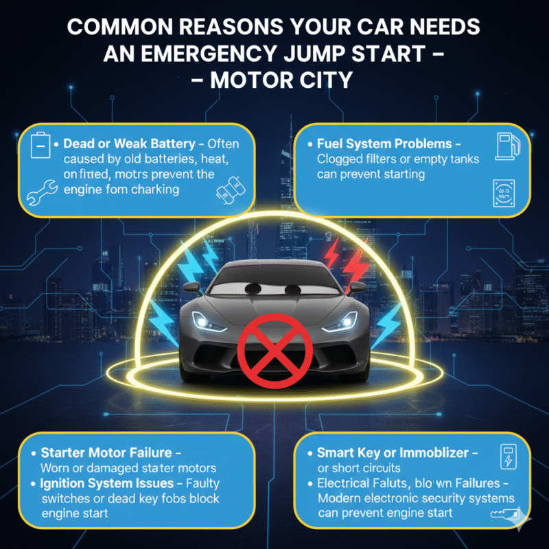 "Common reasons for emergency jump starts in Motor City showing key points on sides and a central animated car illustration with sparks and electrical icons."