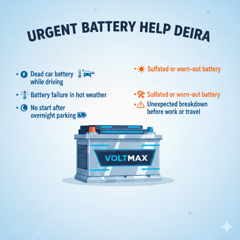 “Animated-style feature image for ‘Urgent Battery Help Deira’, showing the title on top, premium car battery in center, key points displayed on sides with animated icons.”