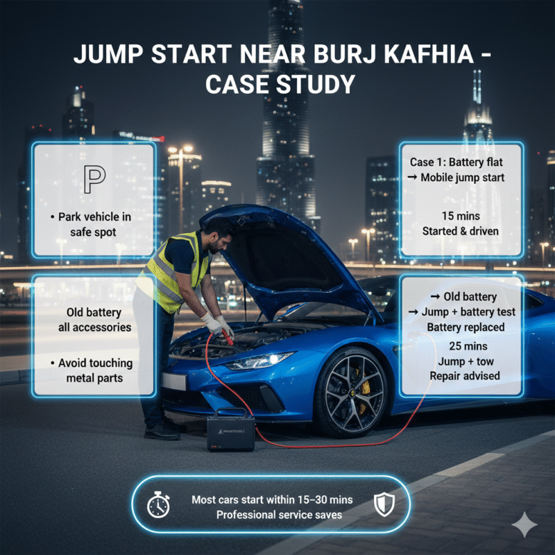 Jump start case study near Burj Khalifa showing roadside battery assistance performance data
