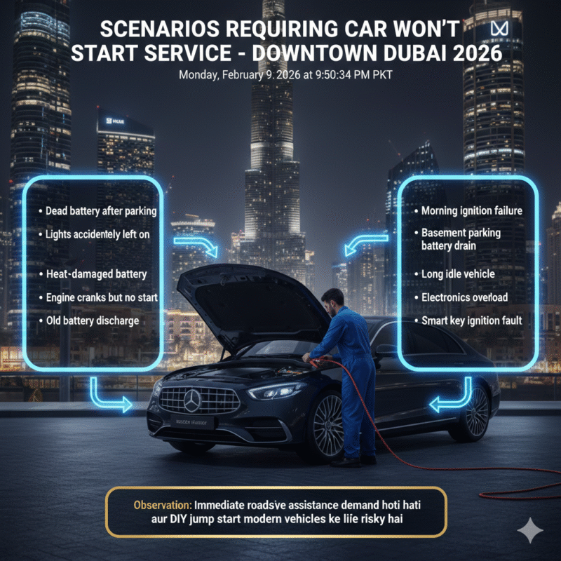Infographic showing common scenarios in Downtown Dubai requiring professional car won’t start service with certified technician and luxury car