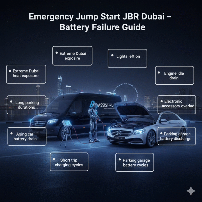 Emergency jump start battery failure guide showing roadside technician assisting a car in JBR Dubai with highlighted causes of dead car battery