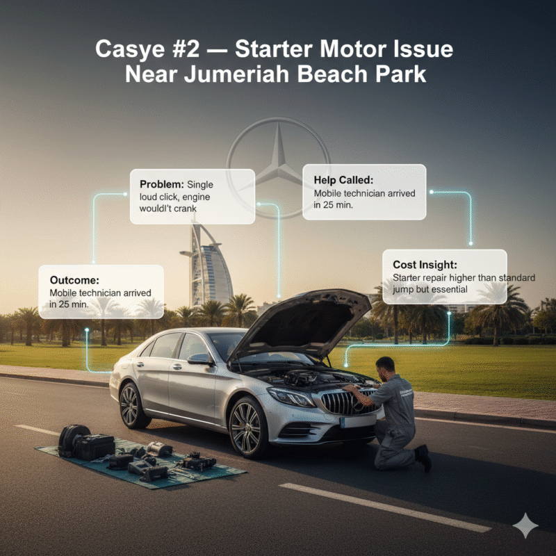 Luxury car stalled near Jumeirah Beach Park with mobile technician replacing starter motor, infographic showing case study details including problem, help response, outcome, and cost insight