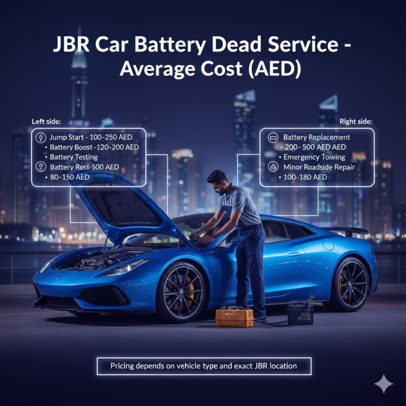 Infographic showing average service costs for jump start, battery boost, battery testing, replacement, emergency towing, and minor repairs in Jumeirah Beach Residence