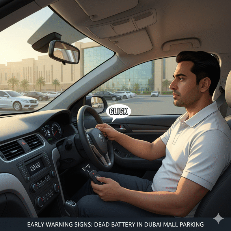 Car with dead battery in Dubai mall parking, dim dashboard lights, ignition making a click sound, remote key not working, horn and accessories inactive, driver inspecting battery.