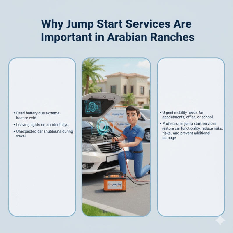 "Animated 3D illustration showing a technician jump-starting a car in Arabian Ranches, with side spaces for key points and Car Jump Start UAE branding."