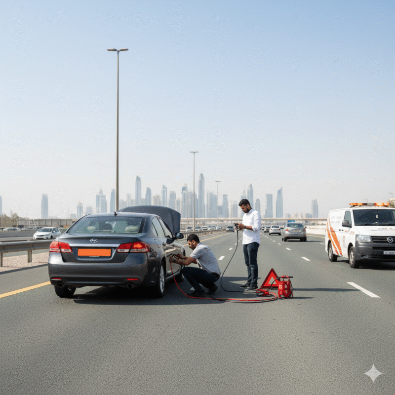 Professional technician jump-starting a dead car during a Dubai roadside battery emergency