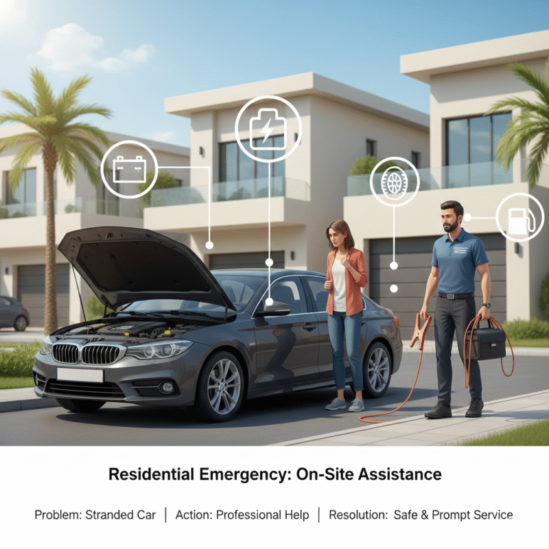 Illustration of a car stranded in a Dubai residential area with hazard lights on, driver concerned, and roadside assistance arriving to help