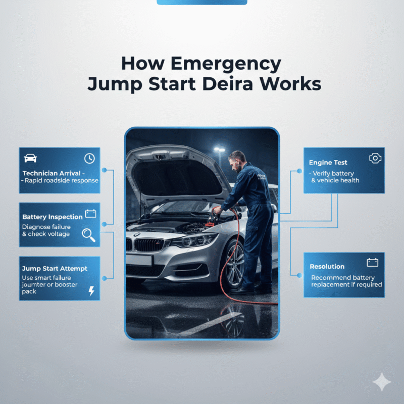 Visual infographic showing step-by-step workflow of Emergency Jump Start Deira with title at the top, key steps highlighted on sides, and central roadside technician performing battery recovery.