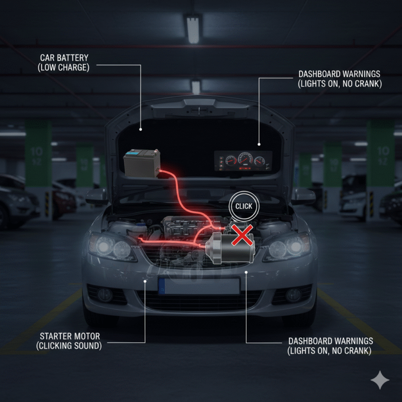 Illustration showing starter motor failure preventing engine crank in a car parked in an underground Dubai garage.