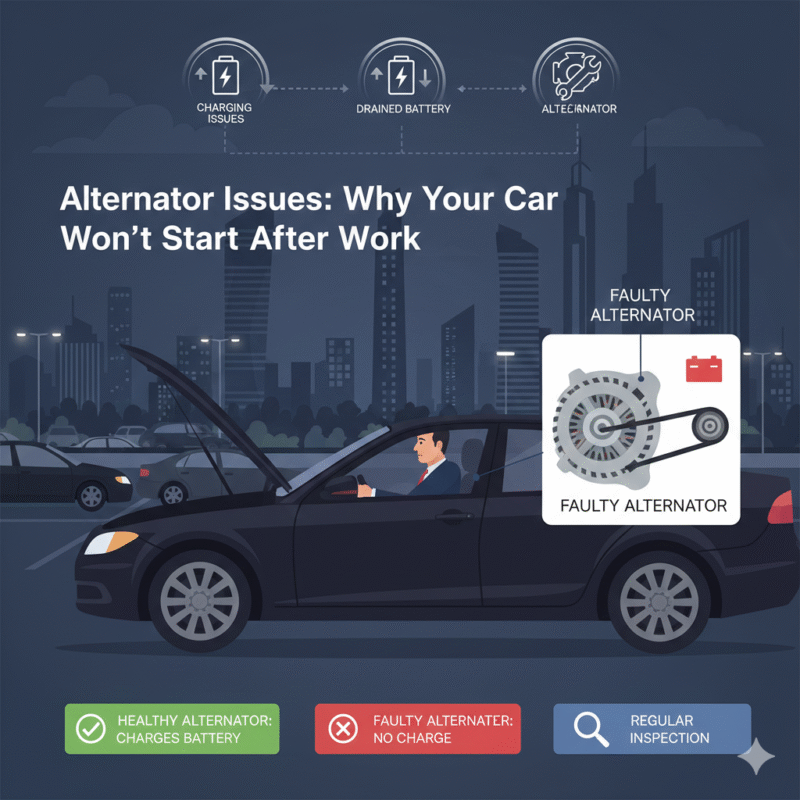 Dubai car dashboard showing battery and alternator warning, hood open showing alternator, illustrating charging issues causing dead car after work.