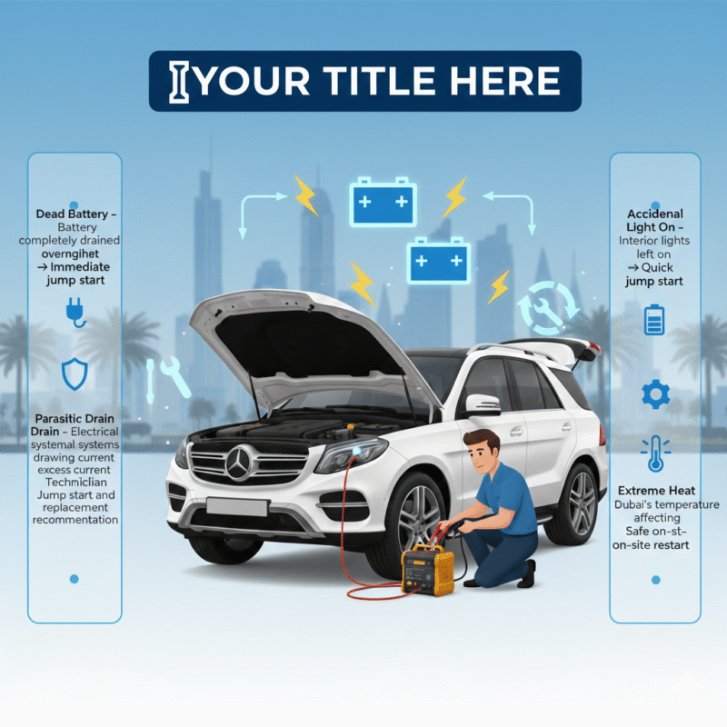 “Animated infographic-style feature image showing a luxury car in Al Barsha being jump-started by a technician, with side panels displaying common scenarios for car jump start and a dynamic title on top.”