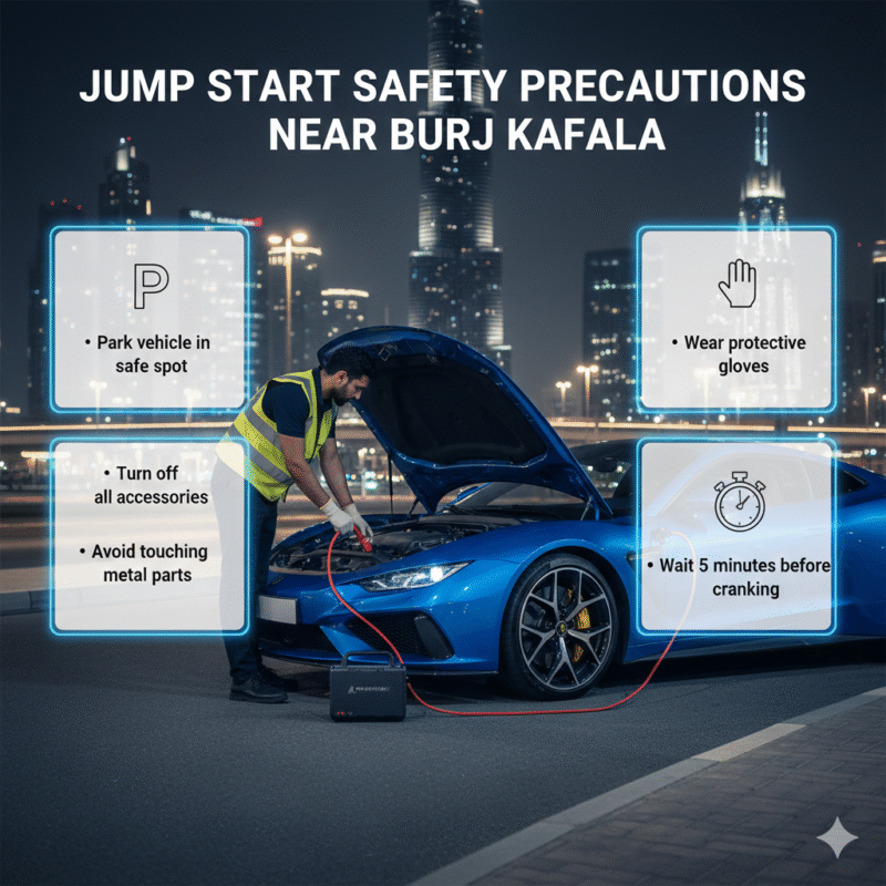 Jump start safety precautions near Burj Khalifa showing technician safely boosting a car battery