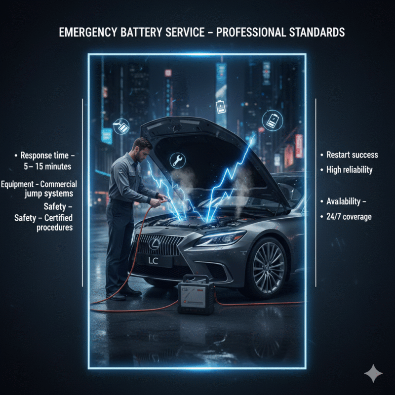 "Premium guide image showing professional standards for emergency battery service with title on top, side bullet points, and central luxury vehicle with animated highlights."