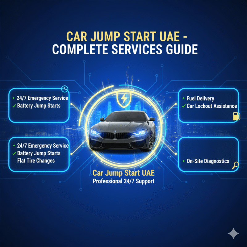 "User guide illustration for Motor City Battery Dead Service showing key points on sides and a central animated car illustration highlighting battery and jump start solutions."