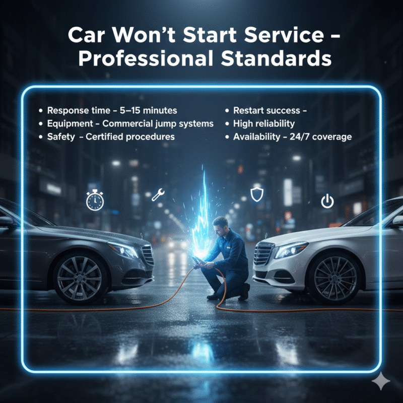 "Premium feature image showing professional standards for car won’t start service, with title on top, key points on sides, and central luxury vehicle or technician scene with animated highlights."