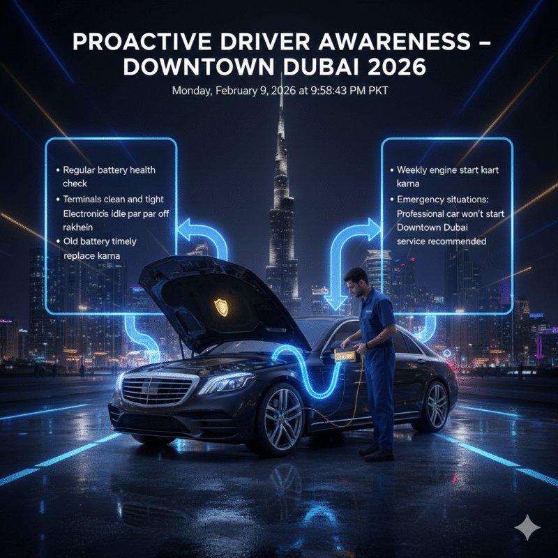 Infographic showing proactive driver steps to prevent vehicle engine failure and recommend professional car won’t start Downtown Dubai service