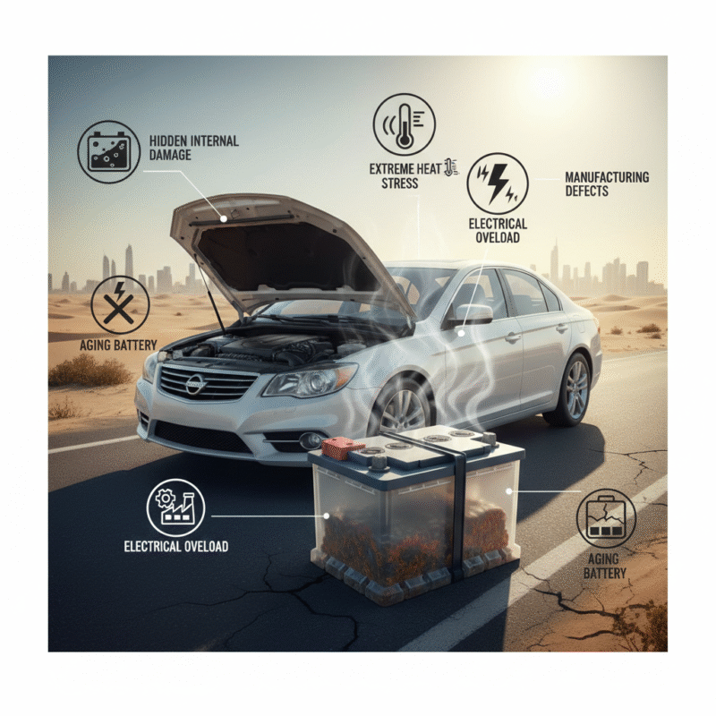 Infographic illustrating hidden damage, heat, electrical overload, manufacturing defects, and aging as causes of battery failed without warning Dubai
