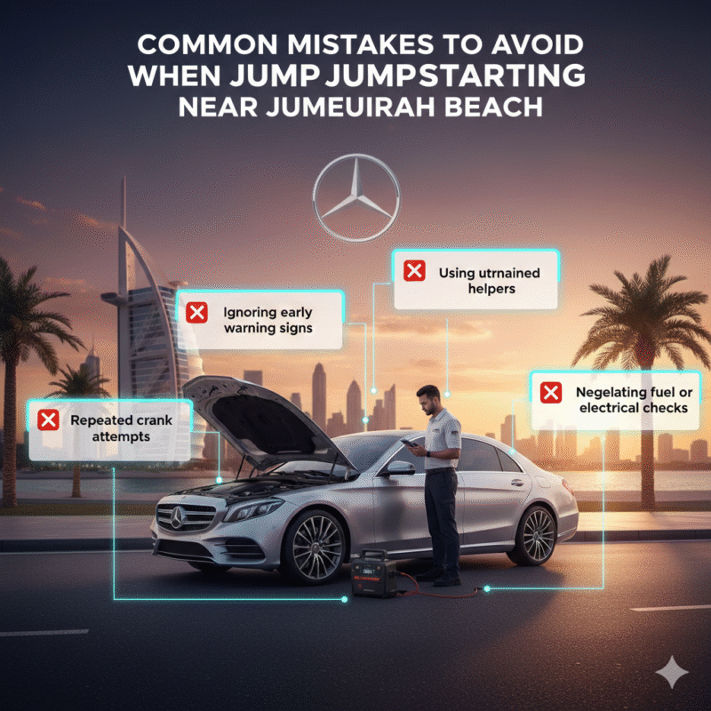 Luxury car stalled near Jumeirah Beach with roadside technician, infographic showing common mistakes to avoid including ignoring warnings, untrained helpers, repeated cranking, and neglecting fuel/electrical checks