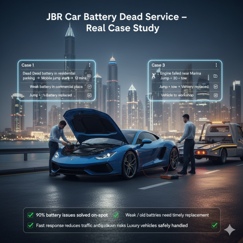 Case study infographic showing JBR car battery dead service with mobile jump start and technician assistance