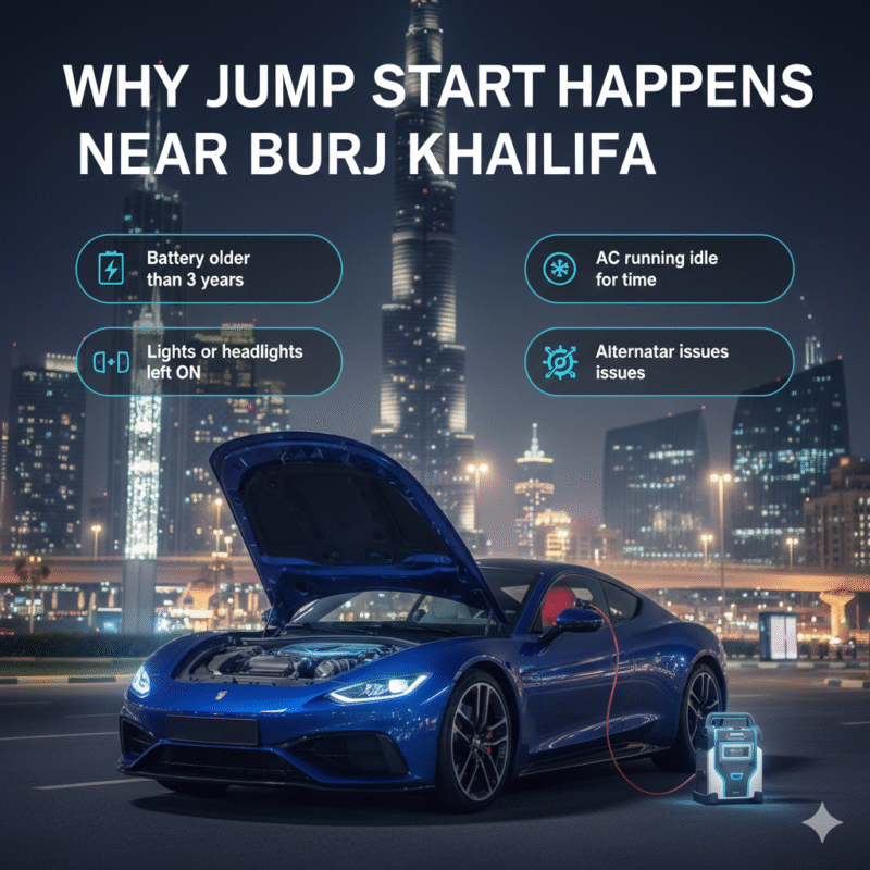 Reasons for car jump start near Burj Khalifa showing dead battery causes in Downtown Dubai
