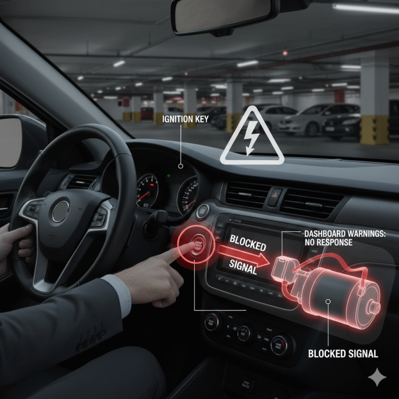 Illustration of a car ignition switch failure blocking starter motor activation in an underground Dubai garage.