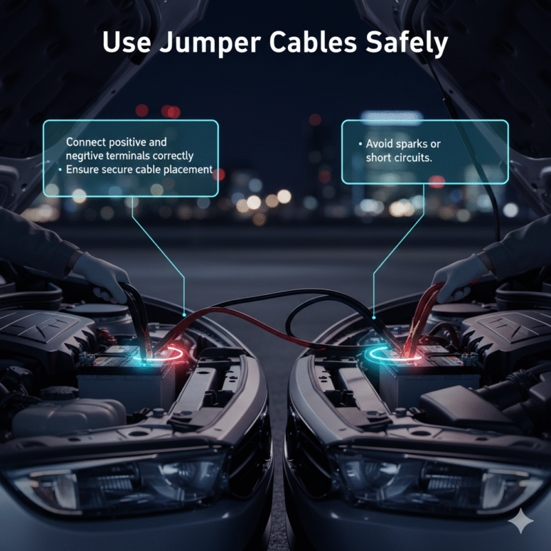 Infographic showing safe jumper cable connection between two car batteries with key safety steps highlighted