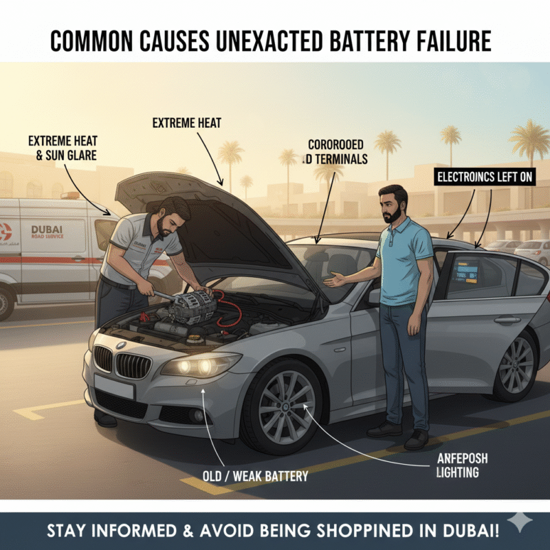 Car stranded in Dubai, hood open, heat damage visible, old battery with corrosion, electronics running, alternator being inspected, driver concerned.