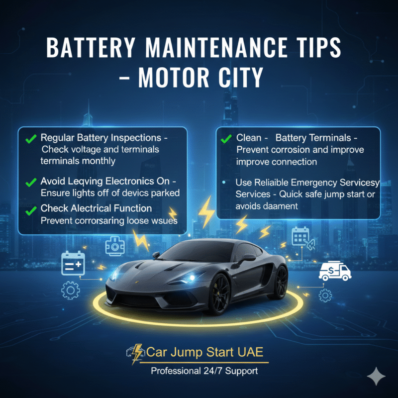 "Battery maintenance tips for vehicles in Motor City, showing checklist points on sides and a central animated car illustration with electrical and gear icons."