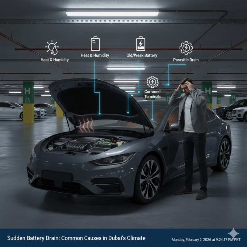 Modern sedan with hood open in Dubai parking garage showing battery drain causes like heat, corrosion, and electrical drain.