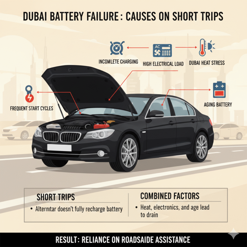 Illustration of a car battery with labeled causes of drain from short trips in Dubai, including incomplete charging, high electrical load, heat stress, aging battery, and frequent start cycles