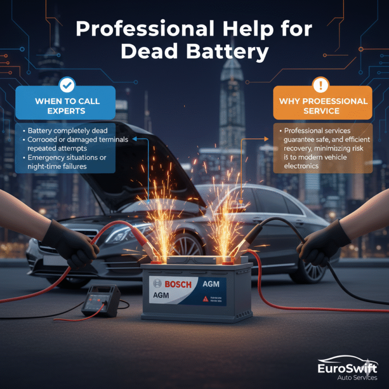“User guide illustration showing the title at the top, key points on the sides, and an animated car jump start scene with a brand logo in the center.”