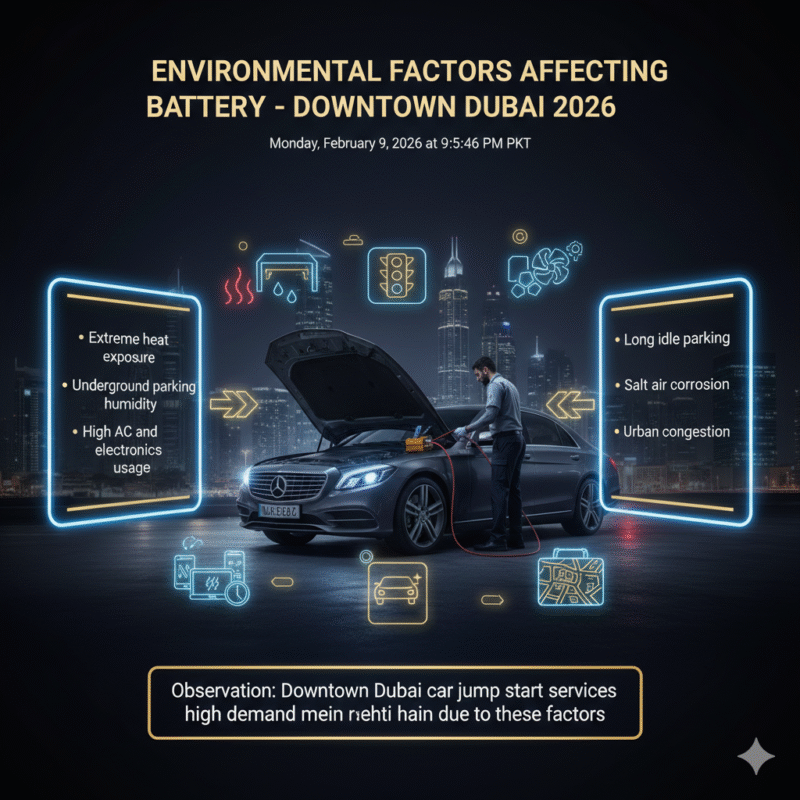 Infographic showing local environmental factors in Downtown Dubai affecting car battery life and performance with certified roadside jump start service