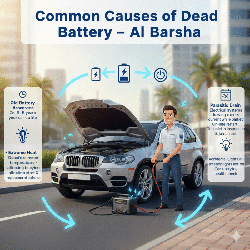 “Animated infographic-style feature image showing a luxury car in Al Barsha being jump-started by a certified technician, with side panels displaying common causes of dead battery and a dynamic title on top.”