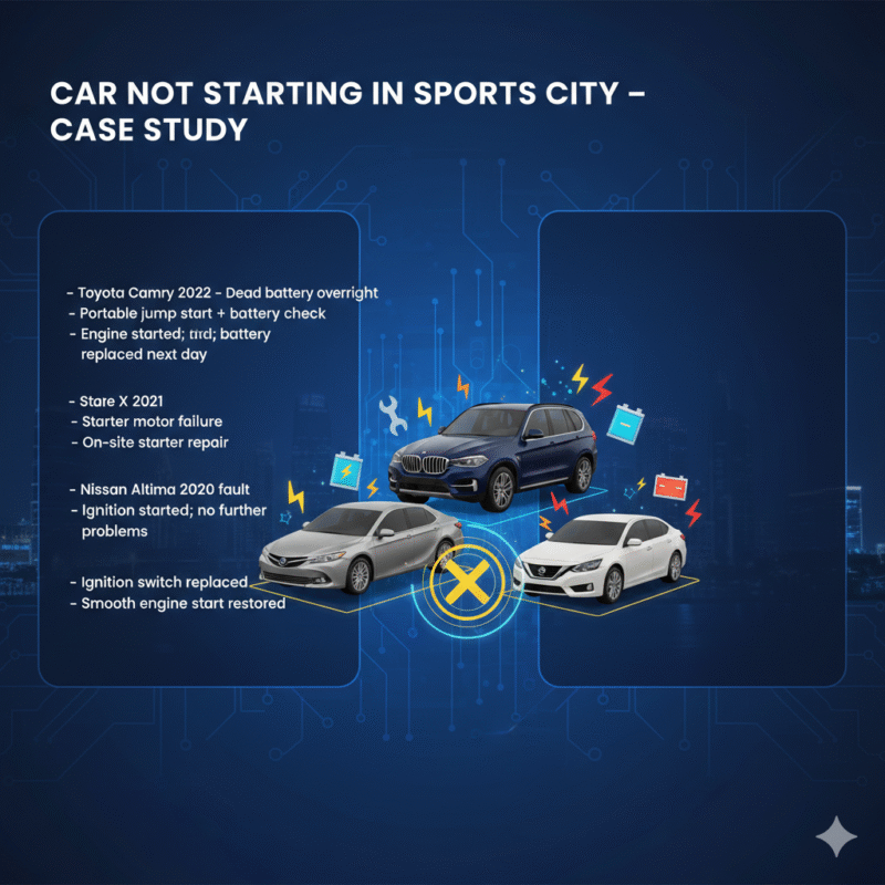 "Case study illustration for cars not starting in Sports City showing table points on sides and an animated central car illustration with electrical icons."