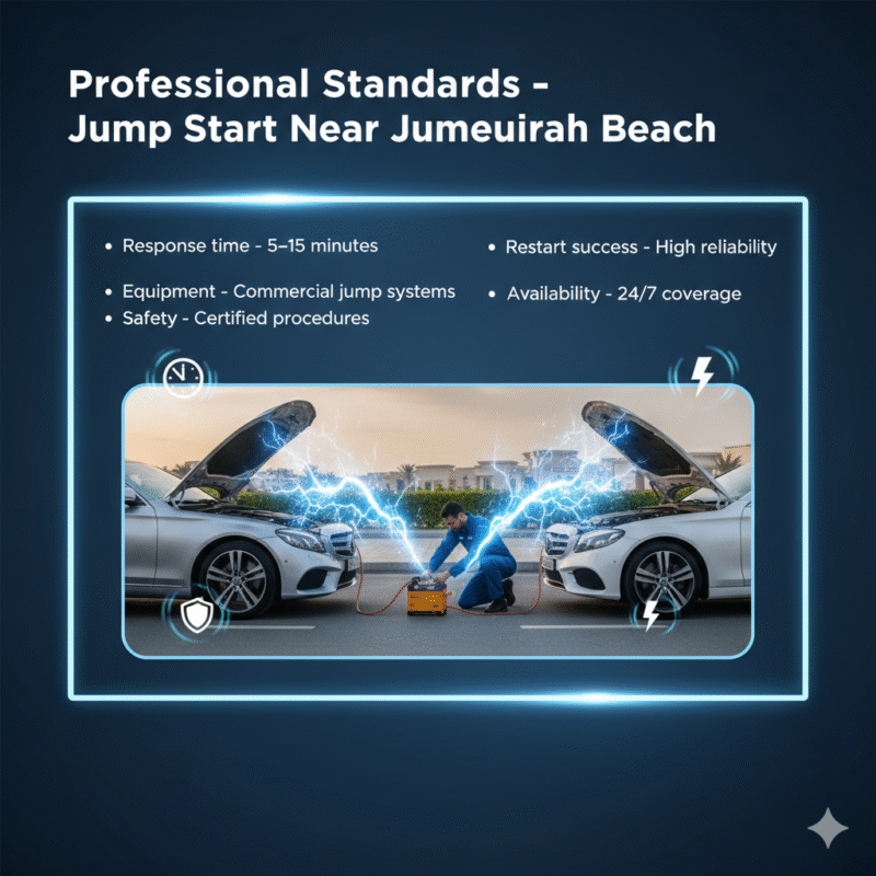"Premium feature image showing professional jump start standards near Jumeirah Beach, with title on top, key factors on sides, and central luxury vehicle or technician scene with animated highlights."