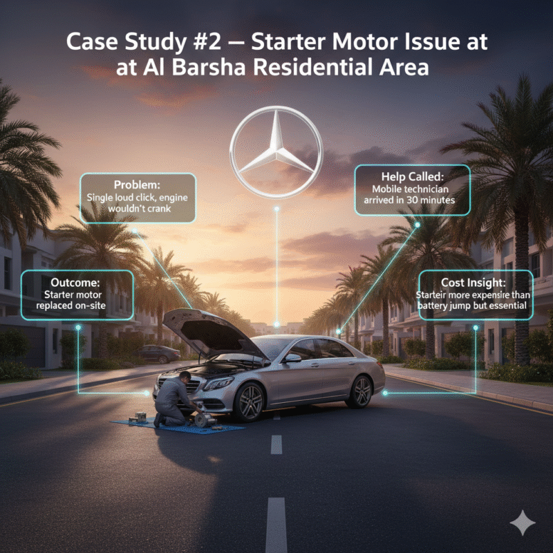 Luxury car stalled in Al Barsha residential area with mobile technician replacing starter motor, infographic showing case study details including problem, help response, outcome, and cost insight