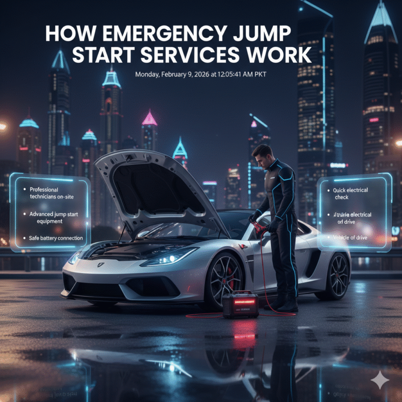 Luxury car being jump-started by a professional technician with infographic-style key points floating on sides