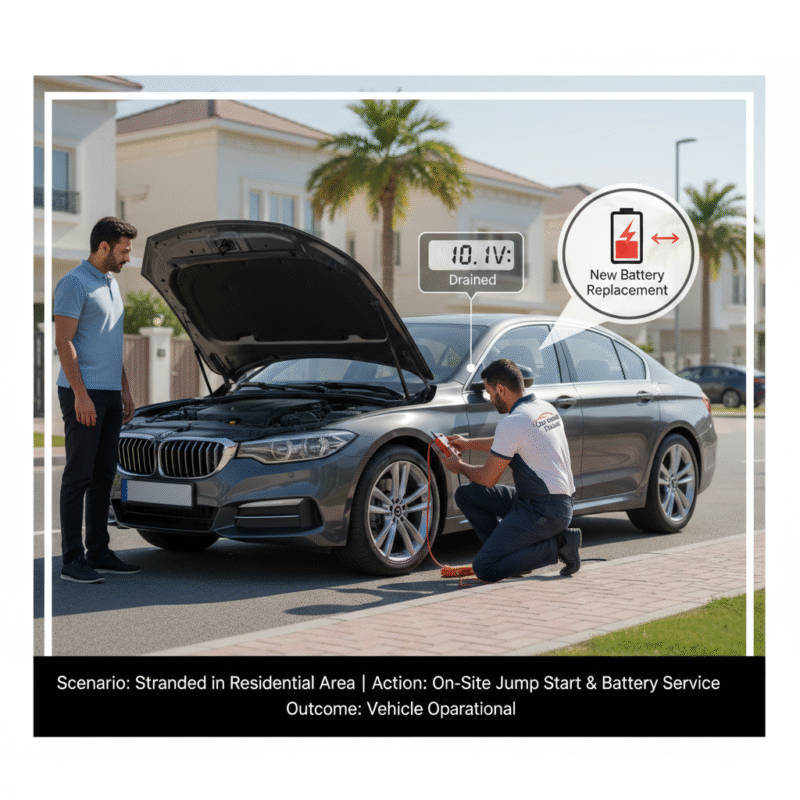 Illustration of a roadside professional jump starting a car in a Dubai residential area, with interior lights left on, showing the battery being tested and replaced